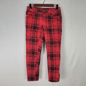 Princess Vera Wang Jeans Juniors 5 Red Denim Low Rise Plaid Zip Ankle Skinny Leg